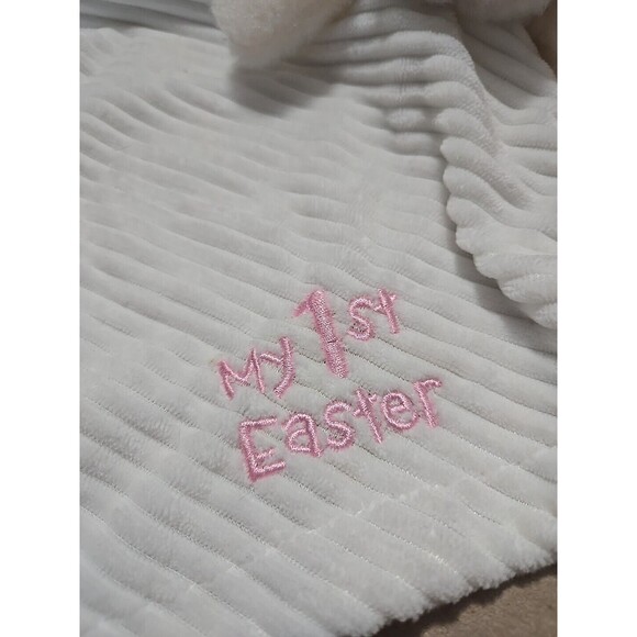 My 1st Easter White Bunny Plush Lovey Baby Security Blanket Toy Rattle Rabbit - Picture 3 of 5